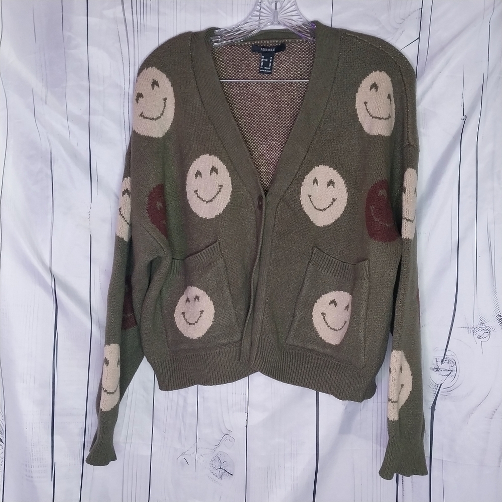 Forever 21 Smiley Face Olive Green 90's  Inspired Grunge Cardigan Sweater